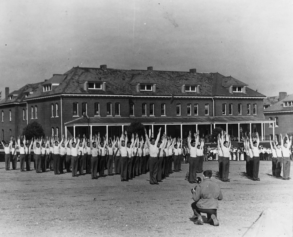 Troops doing calisthenics on Main Parade