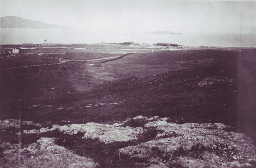 Panoramic view of the Tennessee Hollow Watershed, including MacArthur Meadow, before tree planting took place in the Presidio.