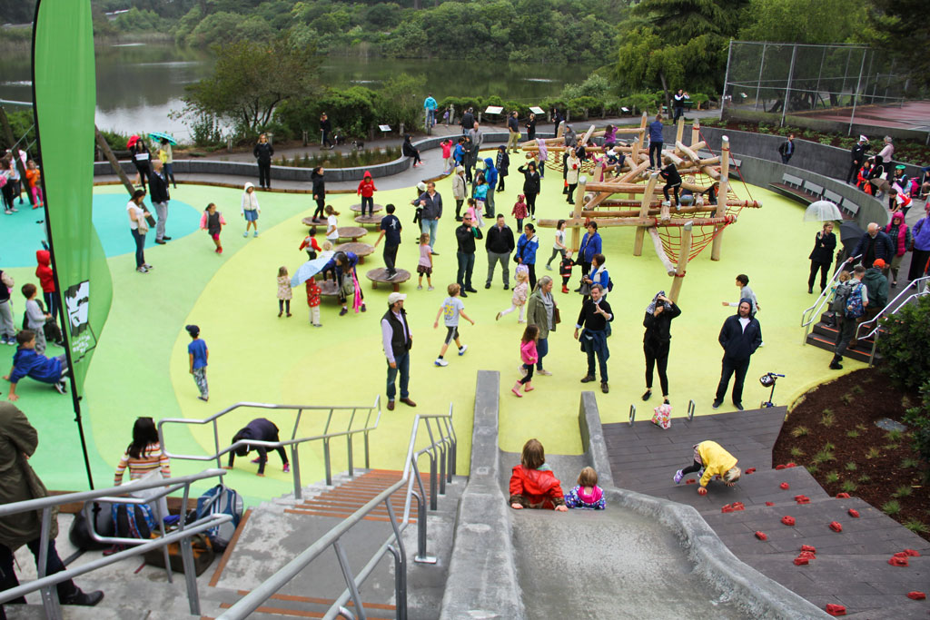 Kids and families playing on Mountain Lake Park Playground