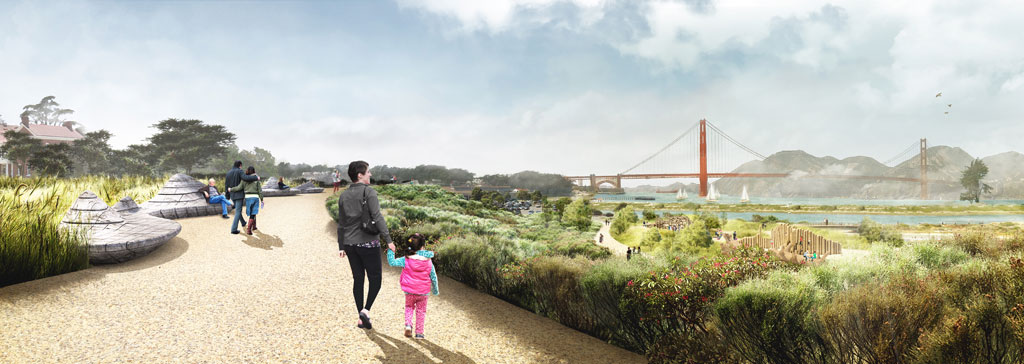 Rendering of visitors walking along Cliff Walk with Golden Gate Bridge view