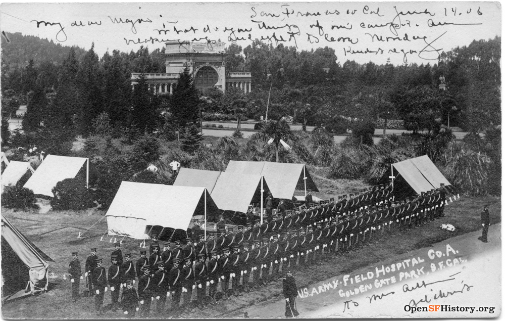 Soldiers lined up at field hospital in Golden Gate Park and in front of tents