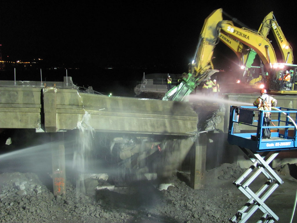 Section of Doyle Drive bridge being demolished