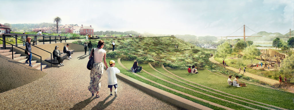 Rendering of visitors at Presidio Steps and view