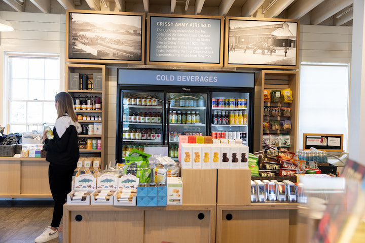 Food and beverages for sale at the Warming Hut Park Store at Crissy Field in the Presidio.