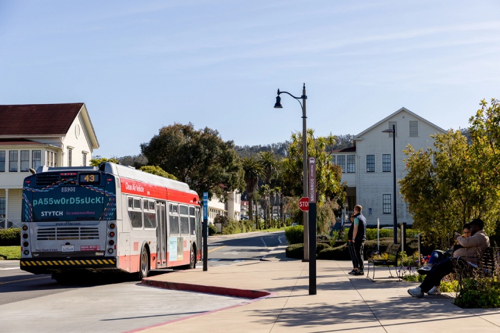 A Muni 43 bus drives away from Presidio Transit Center. Photo by Myleen Hollero.