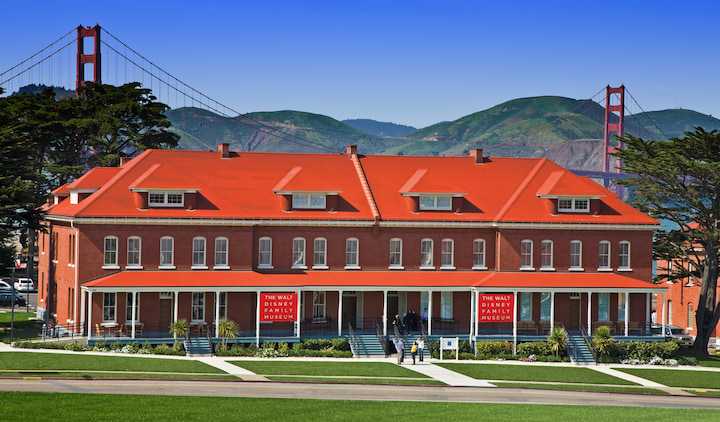 Exterior of The Walt Disney Family Museum with the Golden Gate Bridge in the background. Photo courtesy of the museum.