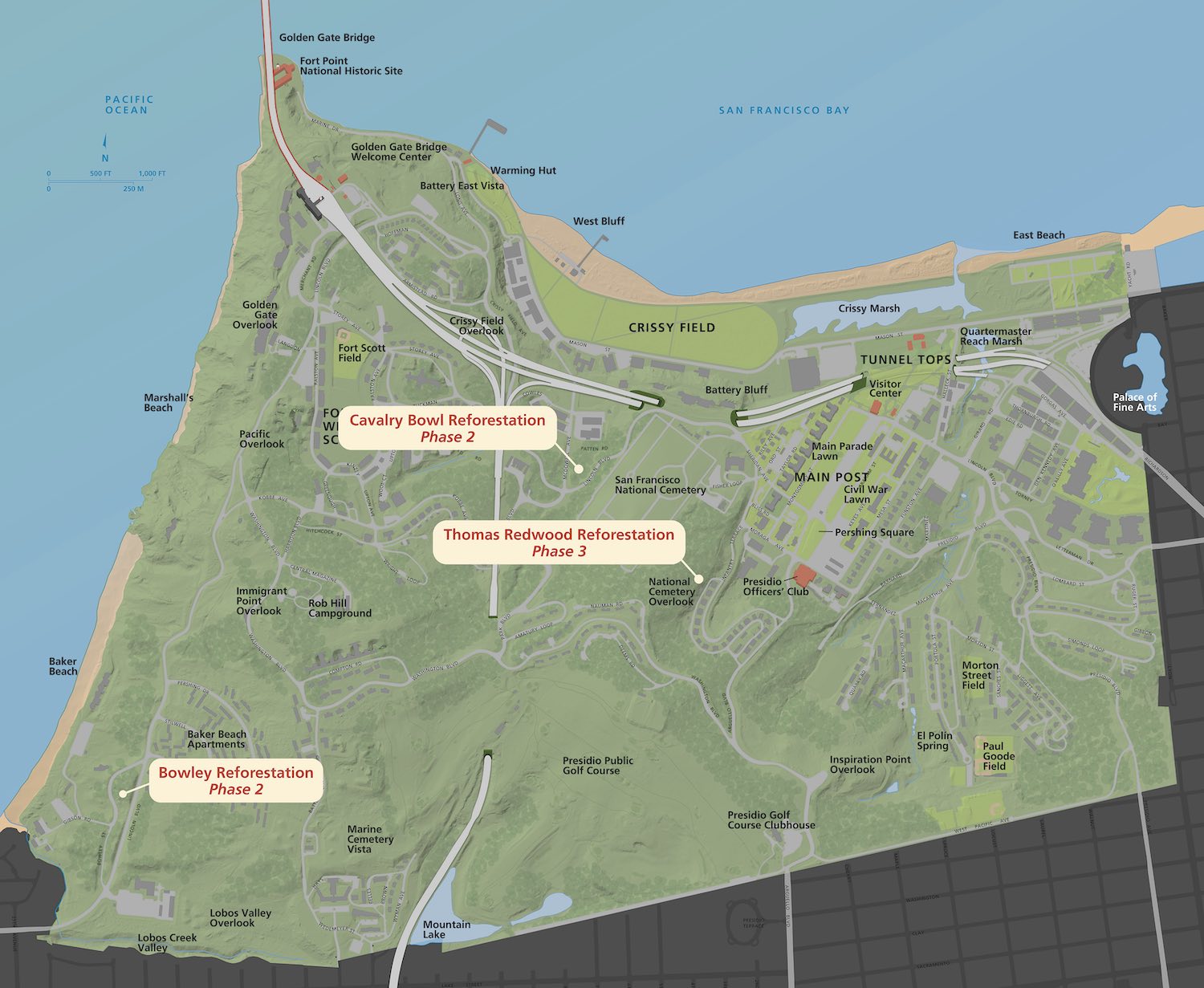 Map showing the location of the three 2023-2024 Presidio reforestation projects.