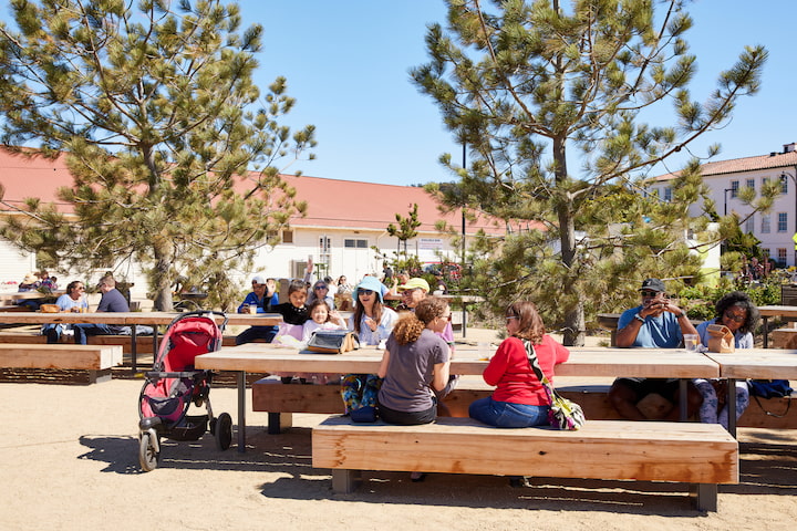 Picnic tables with companion seating, with several visitors enjoying a meal.