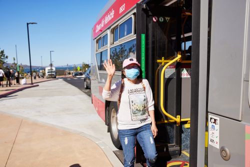 A woman boards a Muni bus in the Presidio. Photo by Rachel Styer.