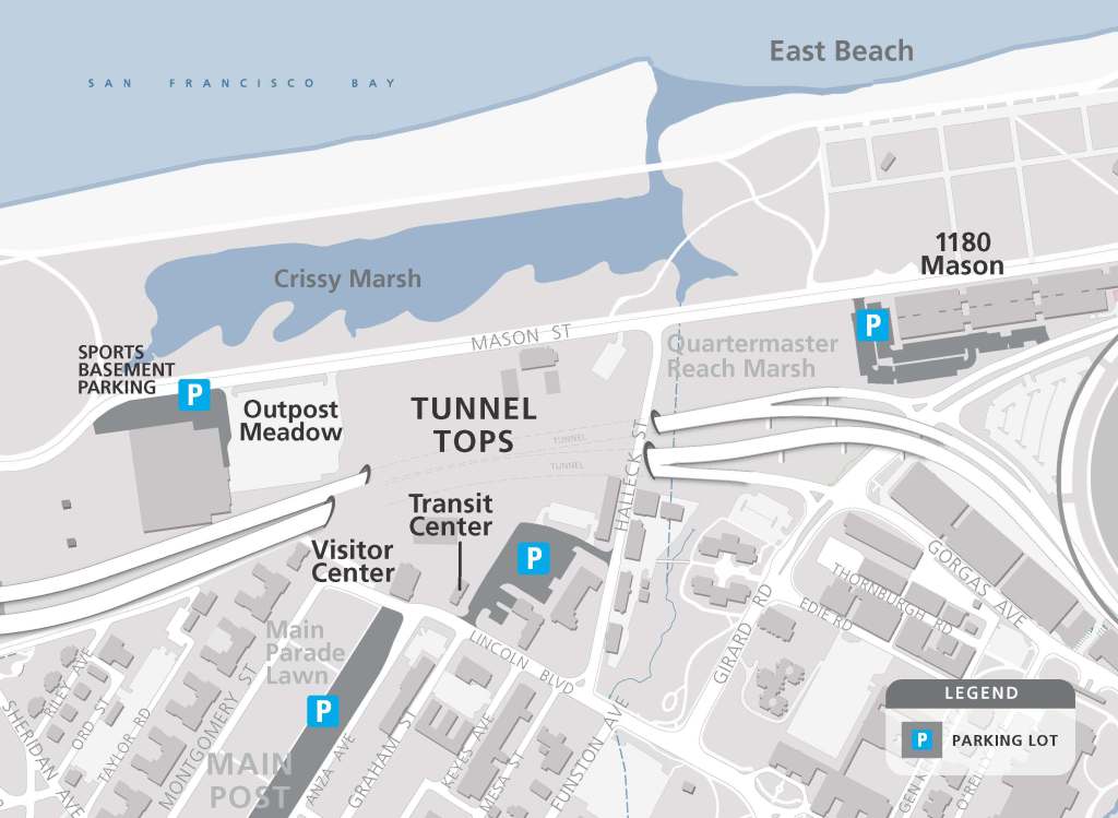 Map indicating parking areas near the Outpost Playground at Crissy Field and at the Main Post