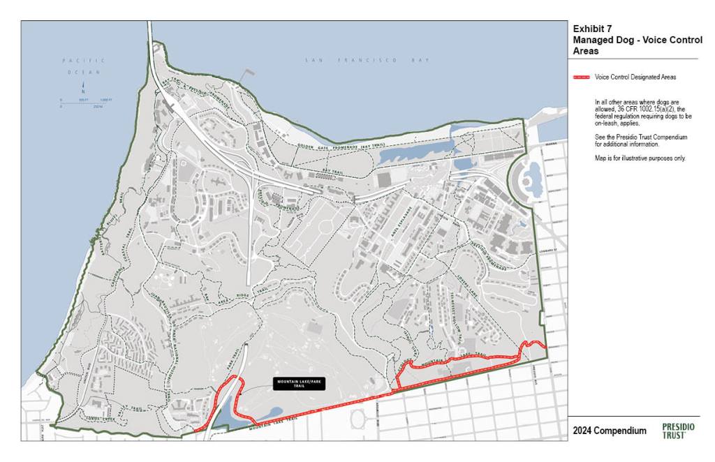 Map indicating area where dogs are permitted under voice control.